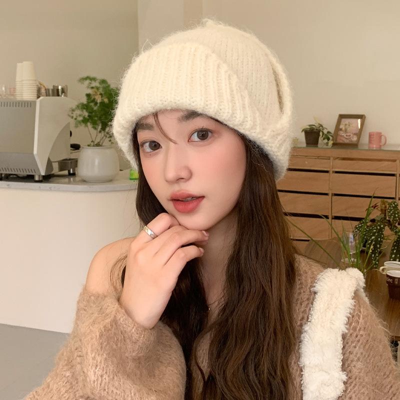 Korean Version of Autumn and Winter New Hat for Women Rabbit Wool Knitted Wool Hat Solid Color Versatile Winter Warm Ear Protection Hat Trendy