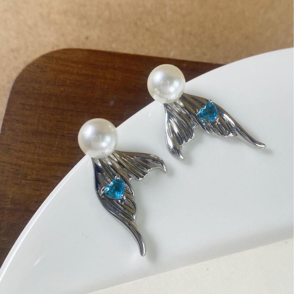 Elegant French Rhinestone Pearl Mermaid Earrings, Two-Way Wear, Versatile Studs for Women