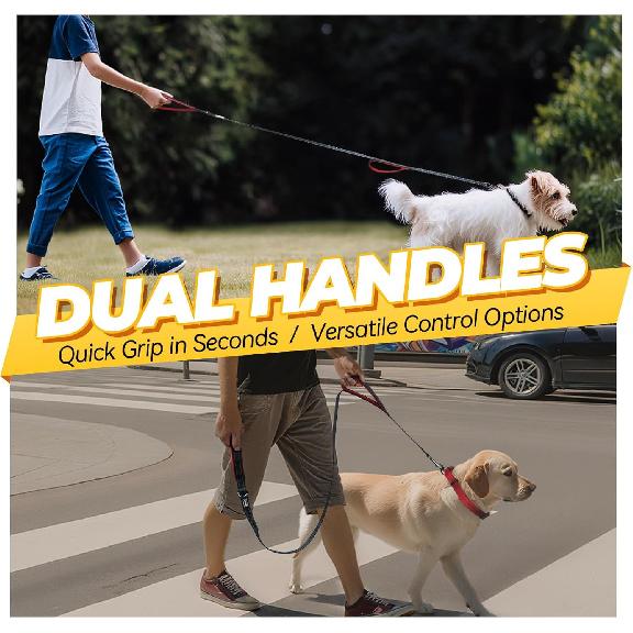 VIVAGLORY Twingrip Dog Leash, Double Handle Dog Leash for Training & Walking with Traffic Handle & 2 Loop, Traffic Control Reflective Heavy Duty for