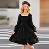 Girls' Fashionable And Cute Solid Color Waist-cinched Square Neck Bell-Sleeve Ruffled Full Skirt Dress