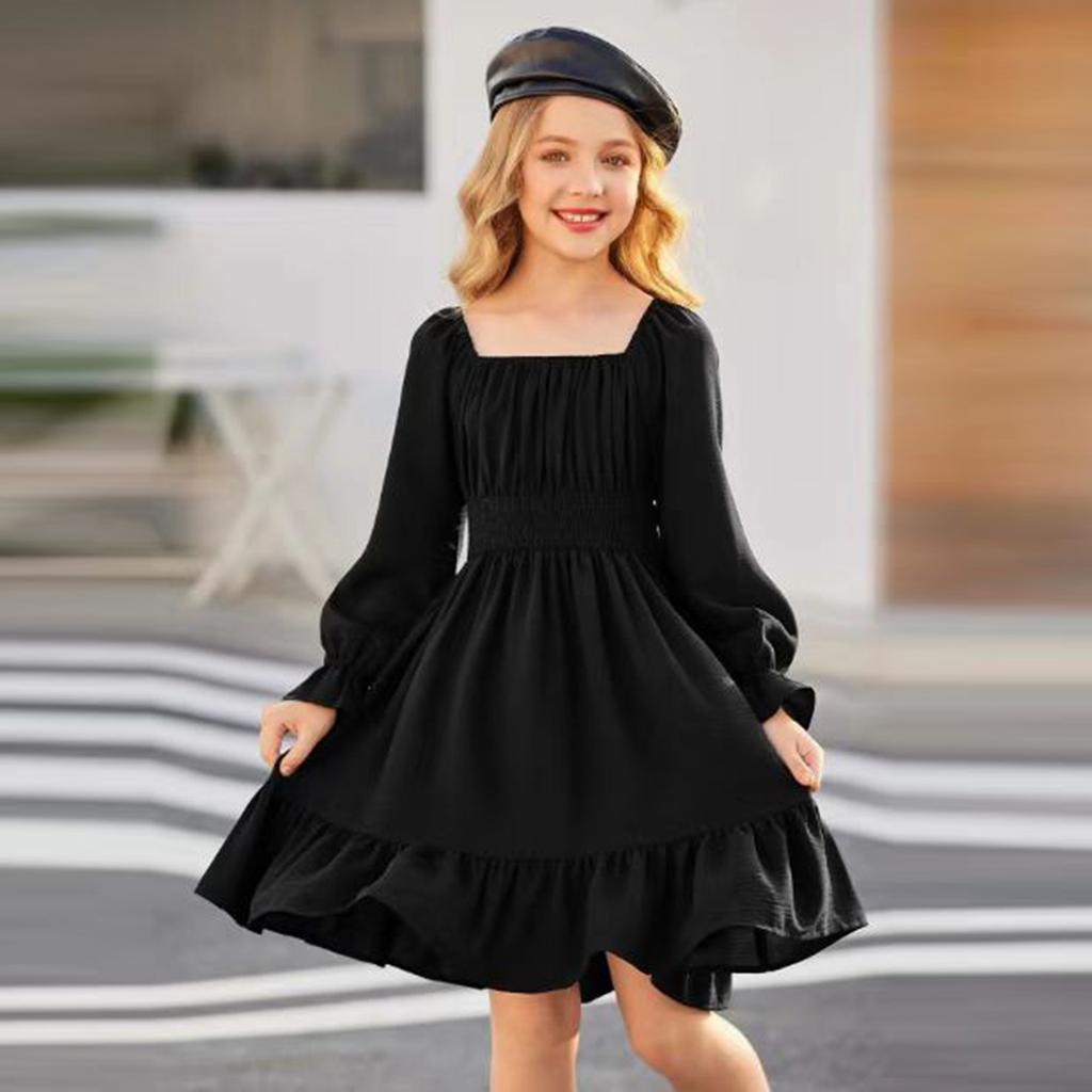 Girls' Fashionable And Cute Solid Color Waist-cinched Square Neck Bell-Sleeve Ruffled Full Skirt Dress