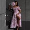 Off-the-shoulder floral dress, European and American summer new short-sleeved lace-up dress, printed split-ended dress