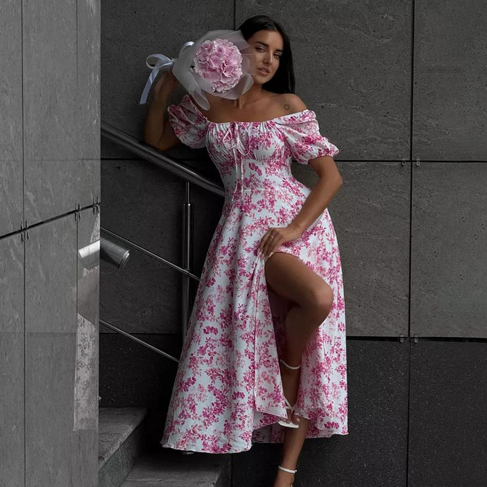 Off-the-shoulder floral dress, European and American summer new short-sleeved lace-up dress, printed split-ended dress
