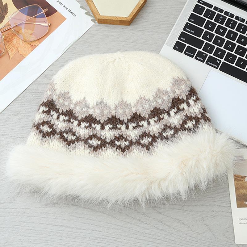 

Fair Island Style Retro Pattern Thickened Terry Basin Hat Winter Cold proof and Warm Hat Fashionable Face Show Small Pullover Hat New average size