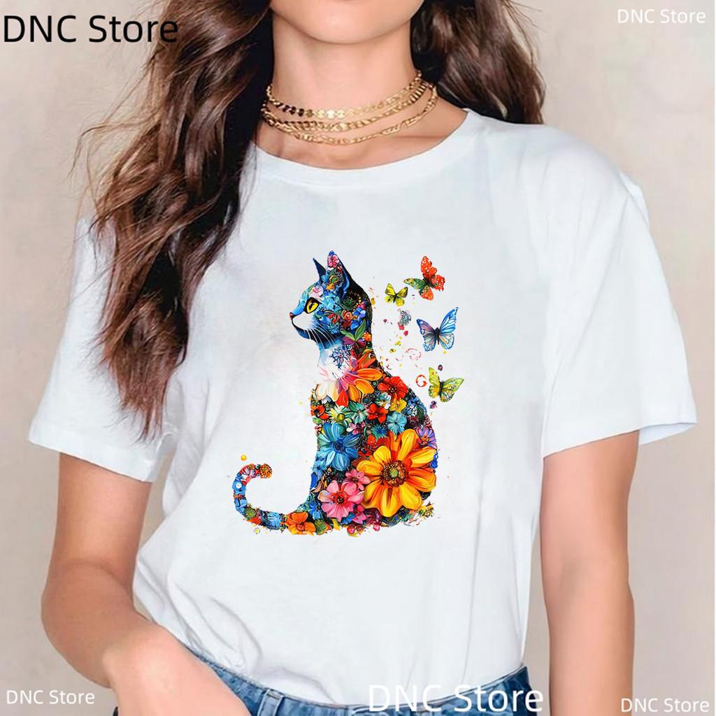 New Women'S Tshirt Funny Watercolor Butterfly Cat Animal Print Tshirt Girls Fashion Summer Female Tshirt White Short Sleeved Top