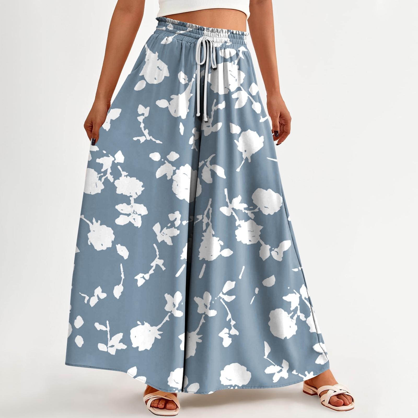 

Женские брюки с принтом и широкими штанинами, с карманами, с высокой талией, на кулиске, свободные, повседневные XL небесно-голубой