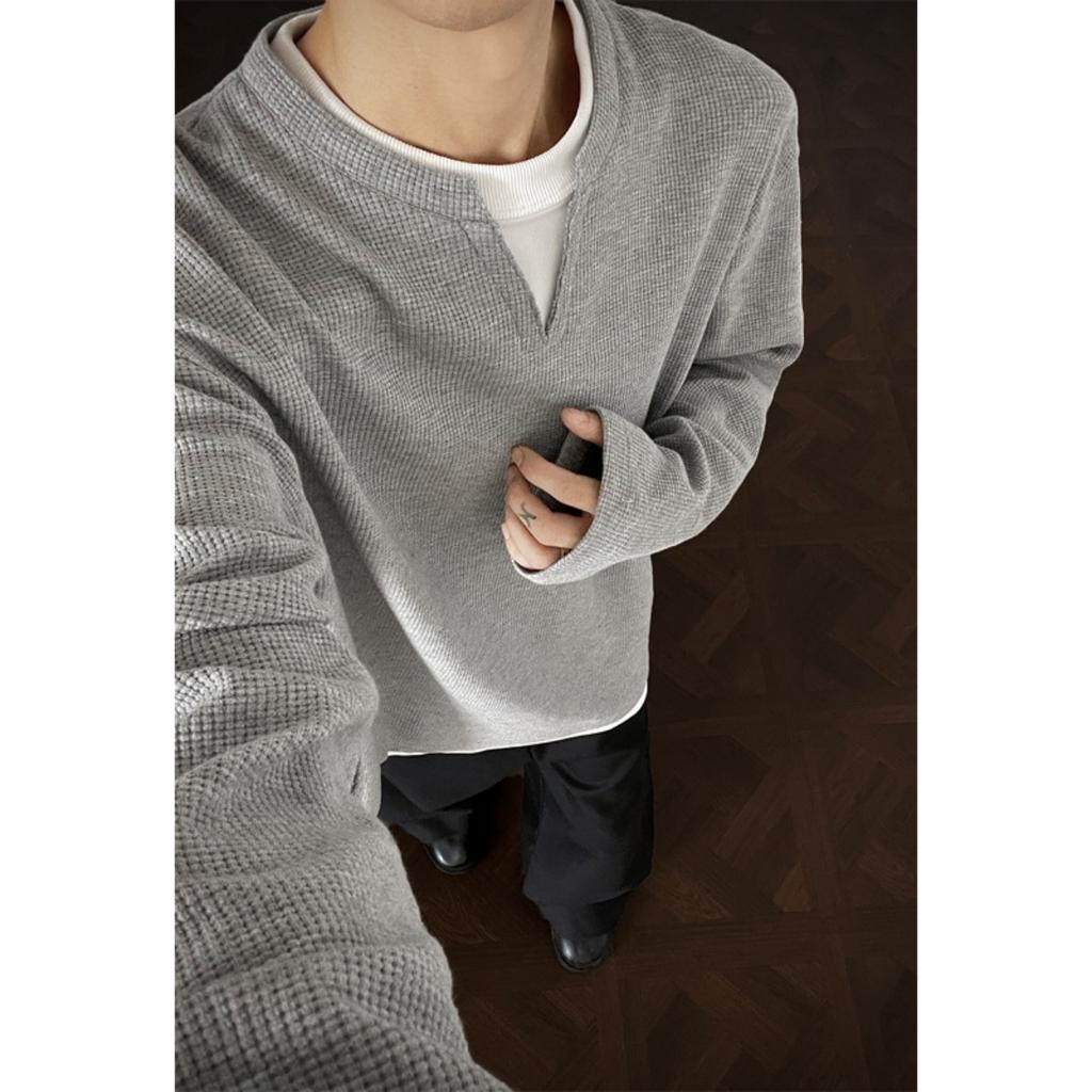 Fake Two Long Sleeved T-shirts, Men's Spring and Autumn Trend, Waffle Style Loose Fit, Bottom Layer, Simple Casual Top