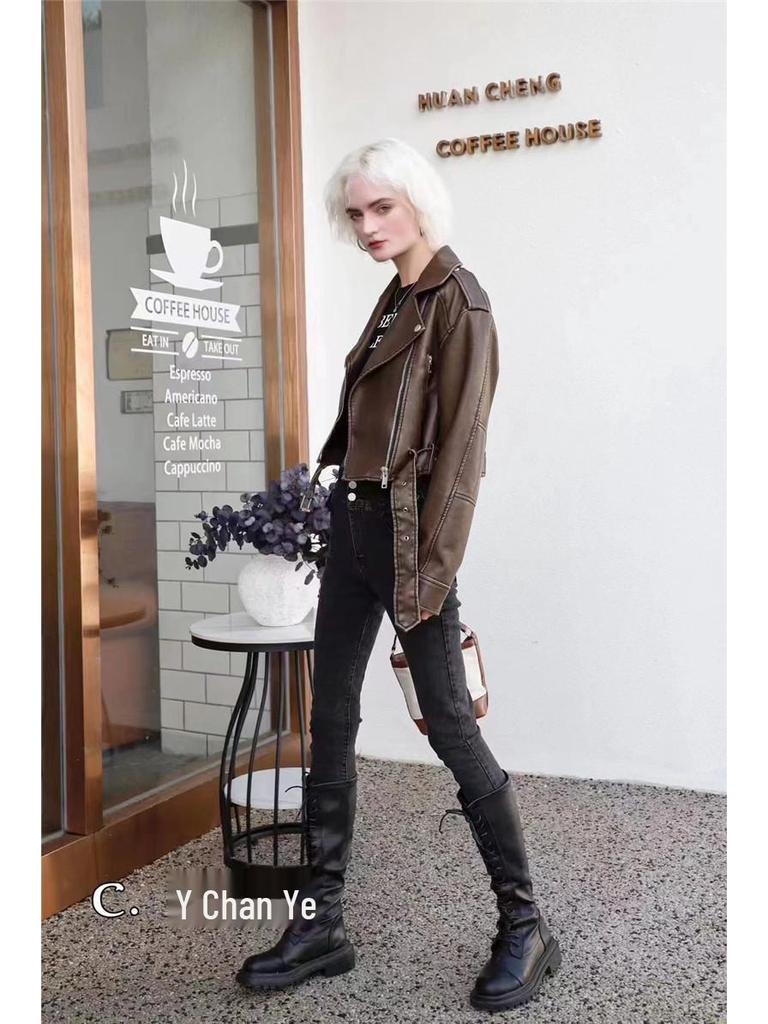 Women's Retro Hong Kong Style PU Leather Motorcycle Jacket - Short, Trendy Spring/Autumn 2023 Edition
