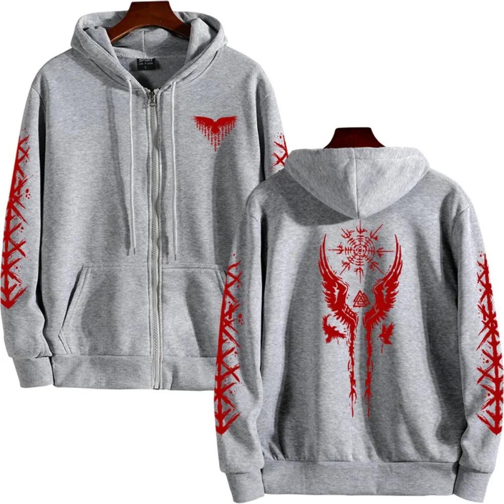 Starověká vikingská mikina s potiskem havrana Podzim Zima Ležérní Sportovní top 2025 Horký prodej Pánská mikina Vysoce kvalitní Mikina s kapucí na zip