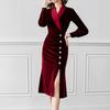 Temperamen Fashion Golden Velvet Dresses Autumn Women V-Neck Diamonds Split Elegant Long Sleeve Slim Loog A-line Bag Hip Dress
