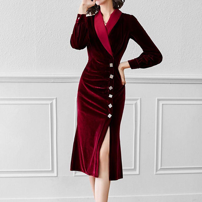 

Темперамент Мода Золотой Бархат Платья Осень Женщины V-образный вырез Бриллианты Разрез Элегантный Длинный рукав Приталенный Крой А-силуэт Платье с облегающим бедра кроем XL кларет