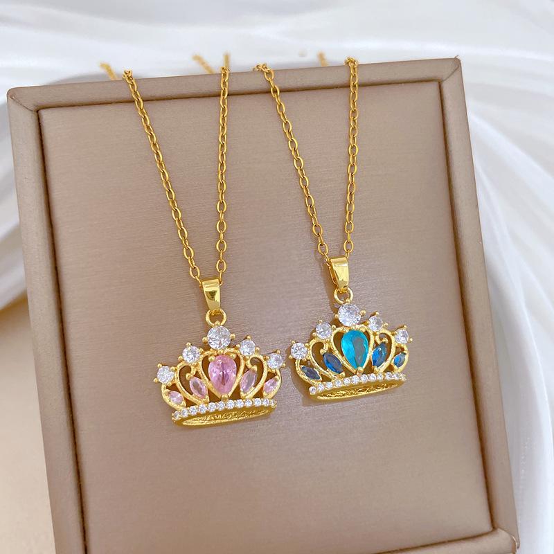 Empty Three-Dimensional Crown Light Luxury Temperament Gorgeous Full Diamond Necklace Female Versatile Collarbone Chain Titanium Steel Chain