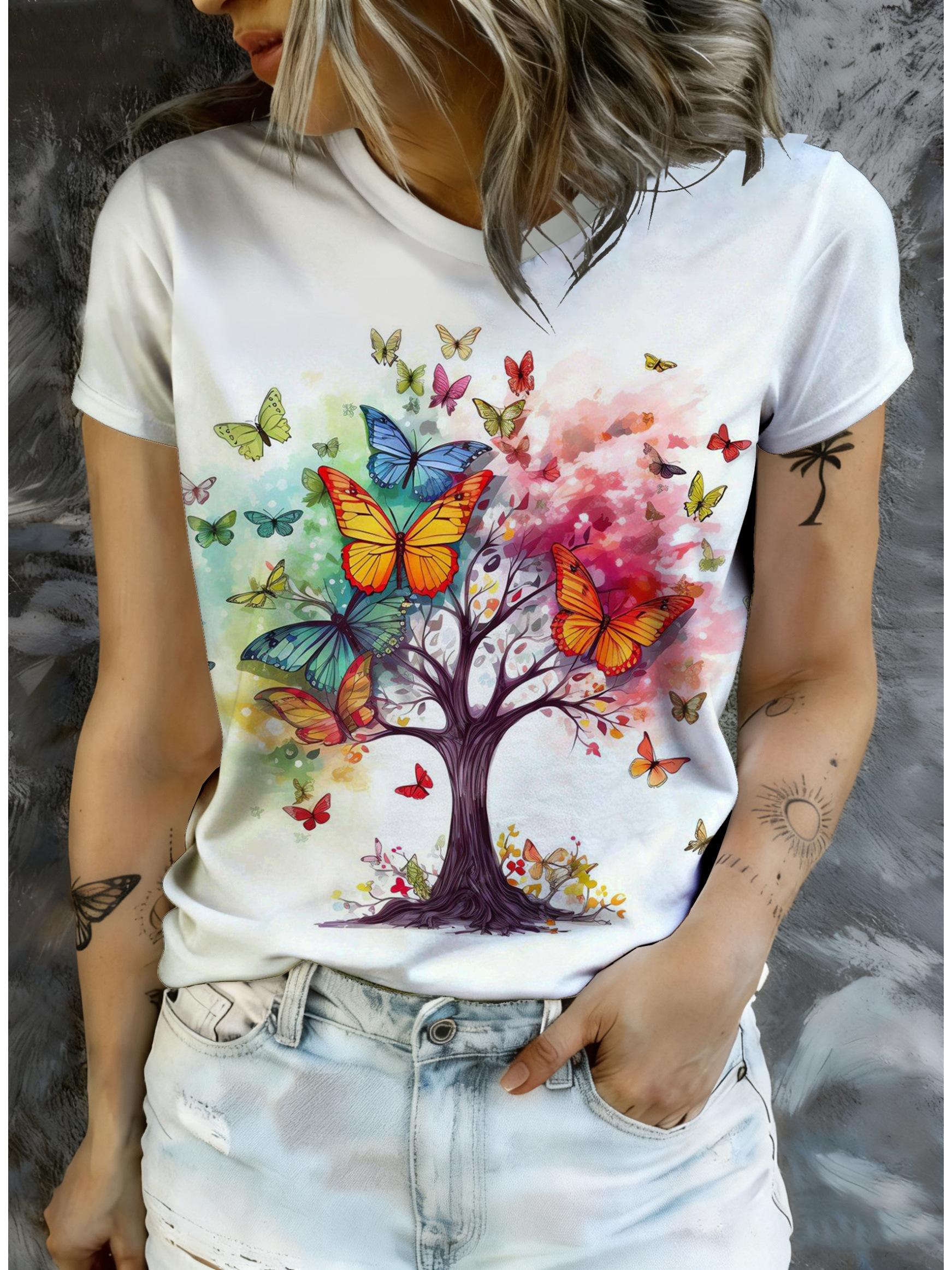

Vibrant Watercolor Butterfly Tree Print T-Shirt - Colorful Butterflies Surrounding a Gradient Tree. Fresh and Lively Style. Loose Fit Round Neck Short 3XL дубильная кора
