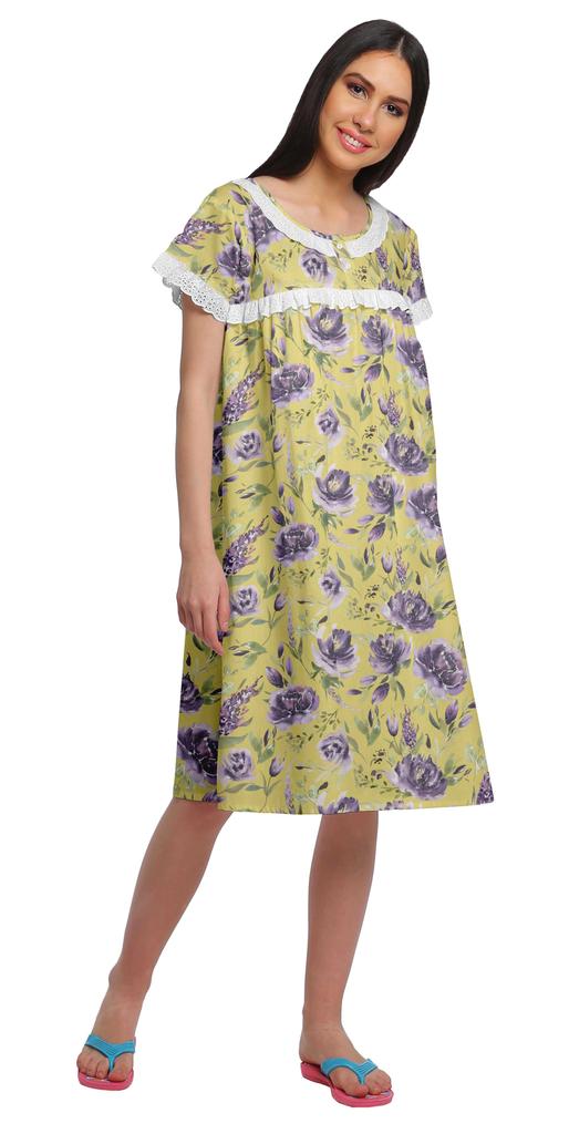 Moomaya Printed Short Sleeve Knee Length Nightdress Round Neck Sleepwear