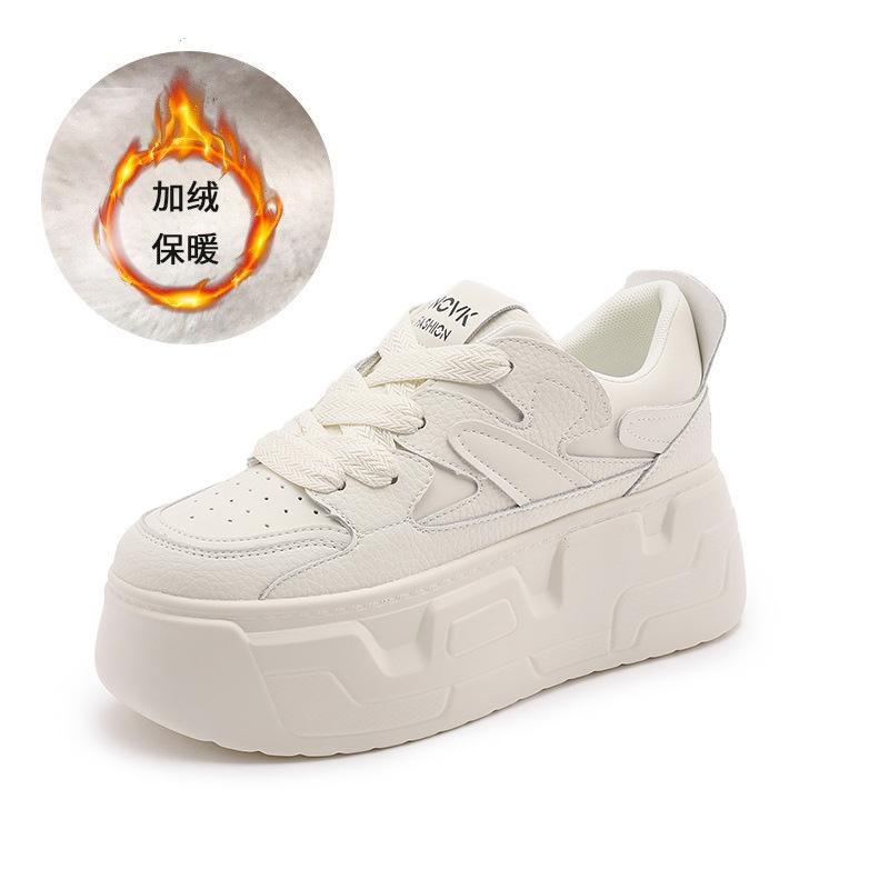 Leather platform women's shoes 8cm autumn new casual shoes versatile shallow mouth single shoes inner height increase round head white shoes women