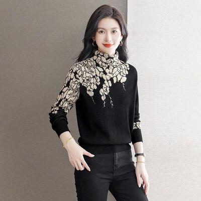Sibaishae Eleganter Farbblock-Blumen-Pullover mit halbem Stehkragen
