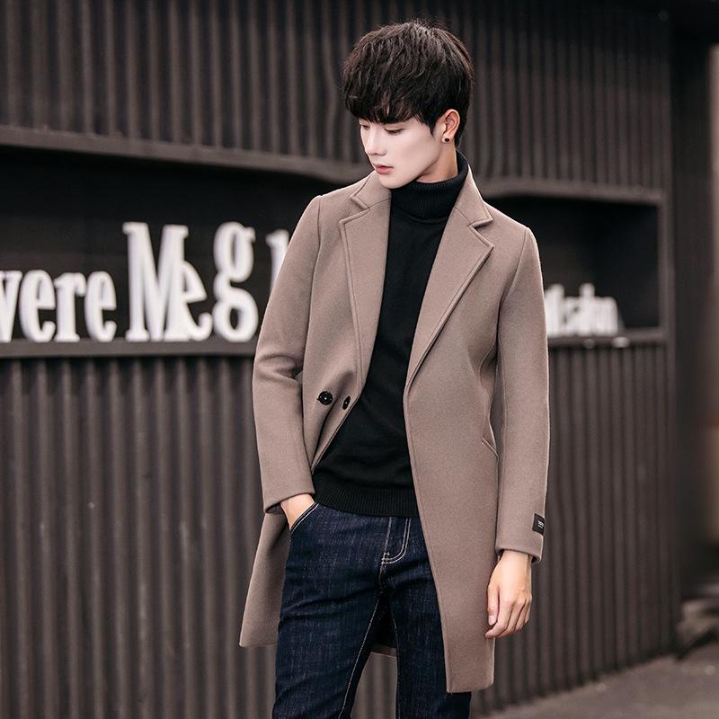 Men's 2022 Korean-Style Woolen Windbreaker Coat with Plus Velvet Long Jacket.