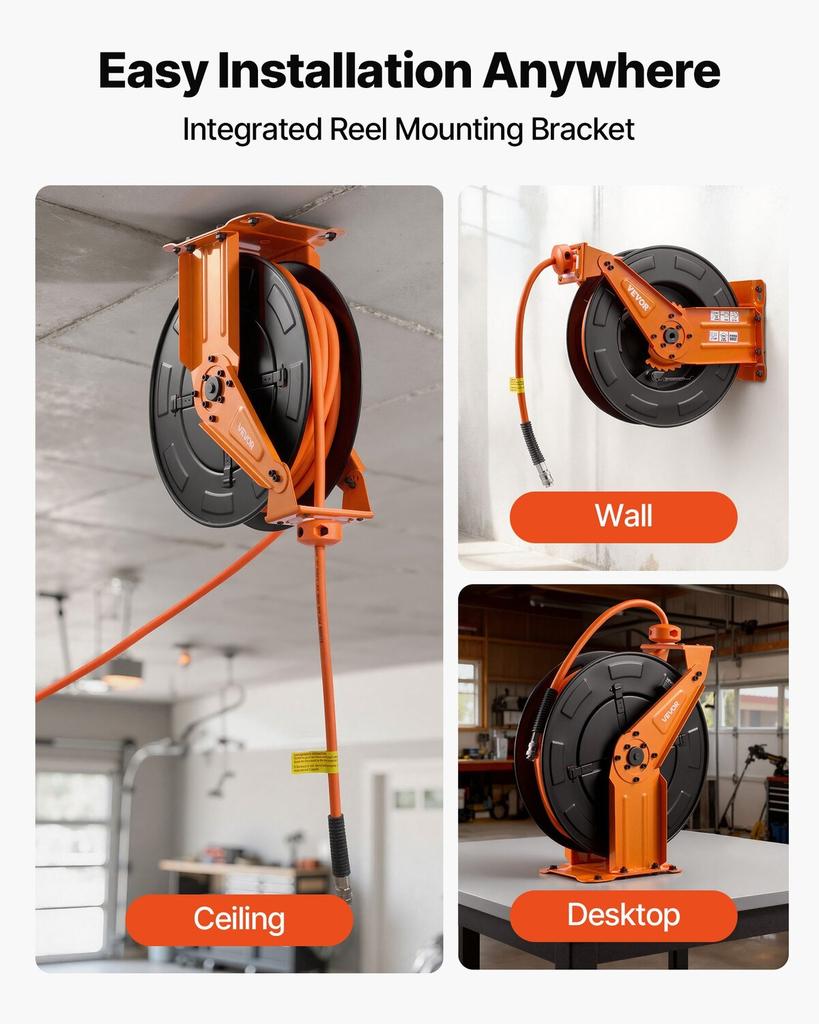 Retractable Air Hose Reel, 15m x 9.5mm Hybrid Air Hose Max 300PSI, Auto Rewind Air-Compressor Hoses Reel with 1.52m Lead in, Ceiling/Wall Mount Heavy
