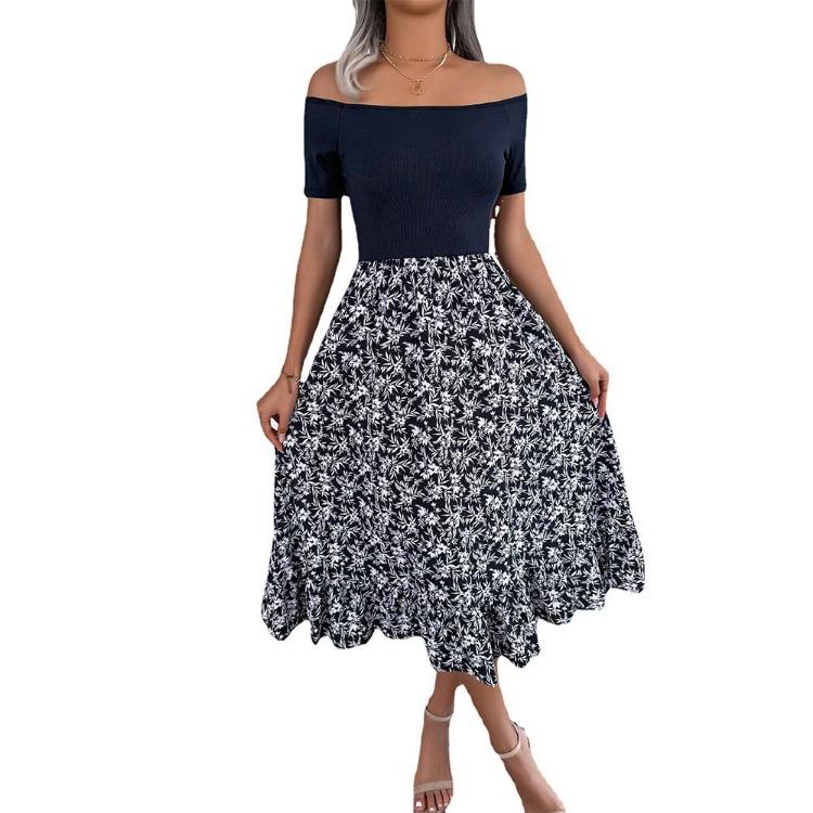 Summer Women Off Shoulder Floral Ruffled Medium Long Dress Spring