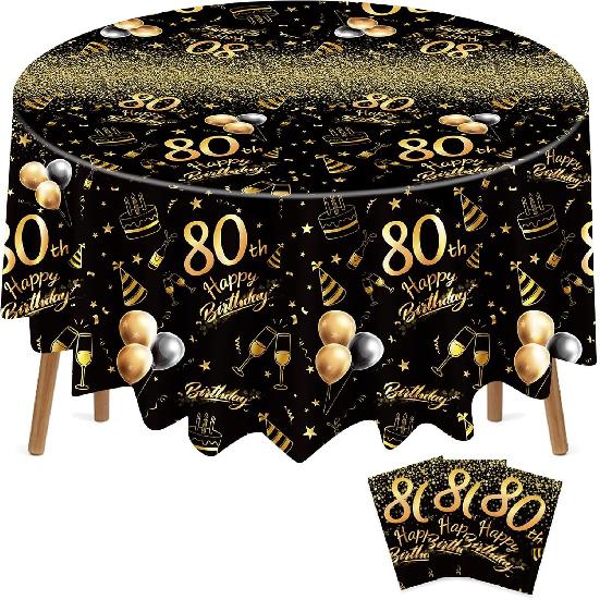 Oudain 3 Pack 50th/70th/80th Round Birthday Tablecloth Black and Gold Happy Birthday Party Decorations 84 inch Disposable Plastic Table Cover