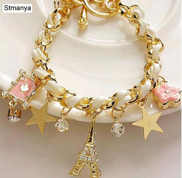 NEW Fashion Rope Chain Decoration Bracelet For Girl multicolor Eiffel Tower star poker Pendant Bangle Wholesale #18040