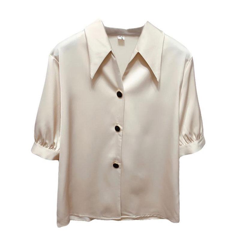 Korean New Solid Color Basic Shirt Female Clothing Single-breasted Summer Thin Half Sleeve Stylish Turn-down Collar Blouse