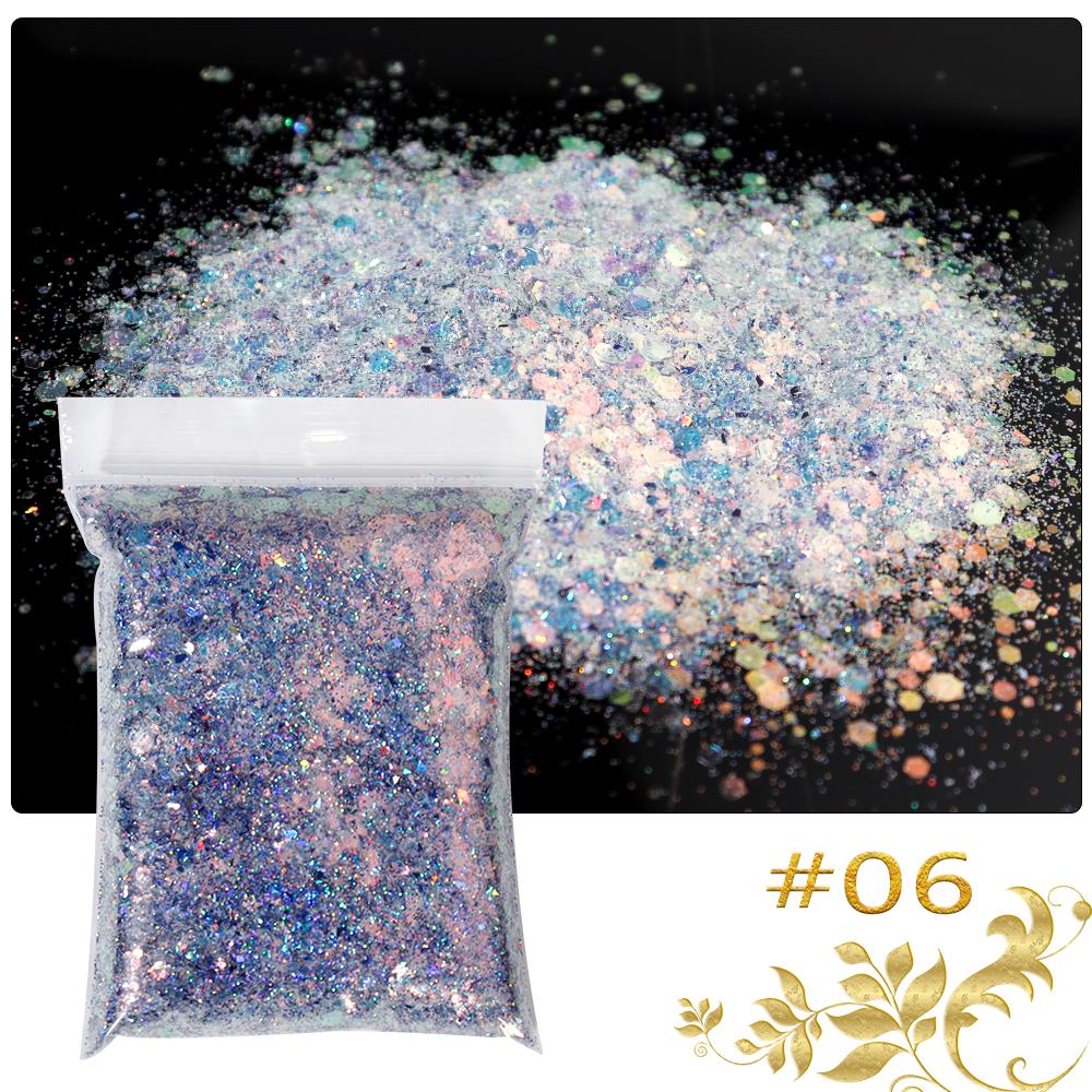50g/sáček Mořská panna Šestiúhelníkové třpytivé vločky 3D flitry Třpytivé duhové Smíšené flitry Plátky Paillette DIY Nail Art Decoratio