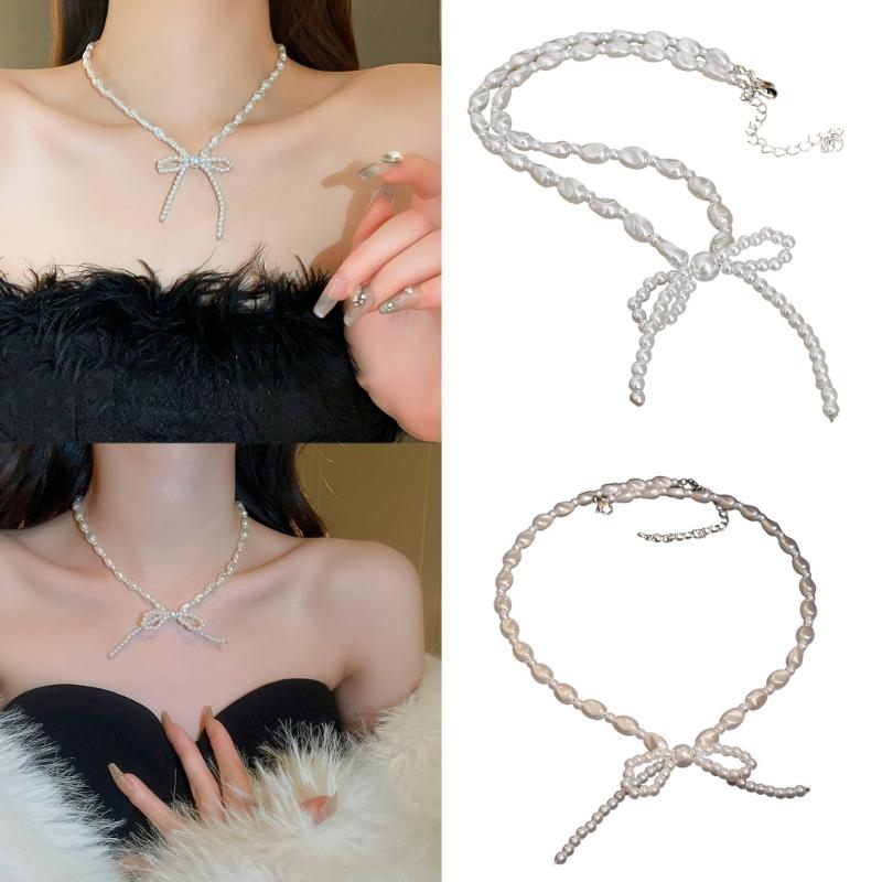 Fashionable Bowknot Pendant Necklace Handmade Irregular Pearl Choker Neckchain Bow Clavicle Chain for Women and Girls