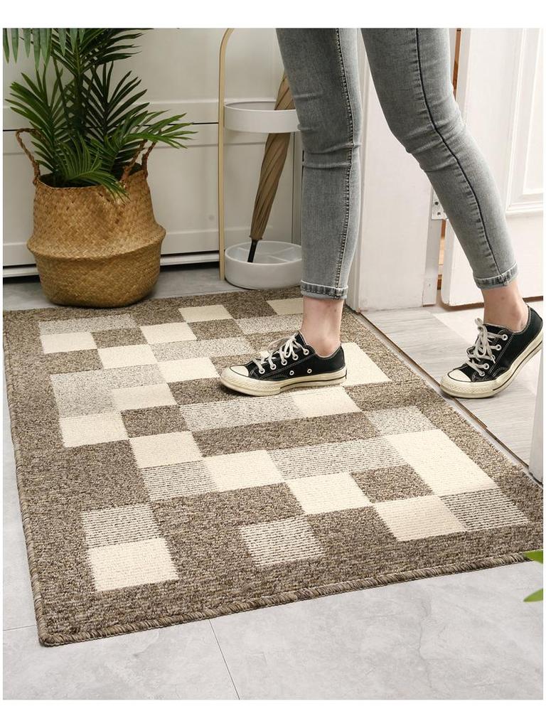Brown Checkered Striped Washable Polypropylene Entrance Doormat
