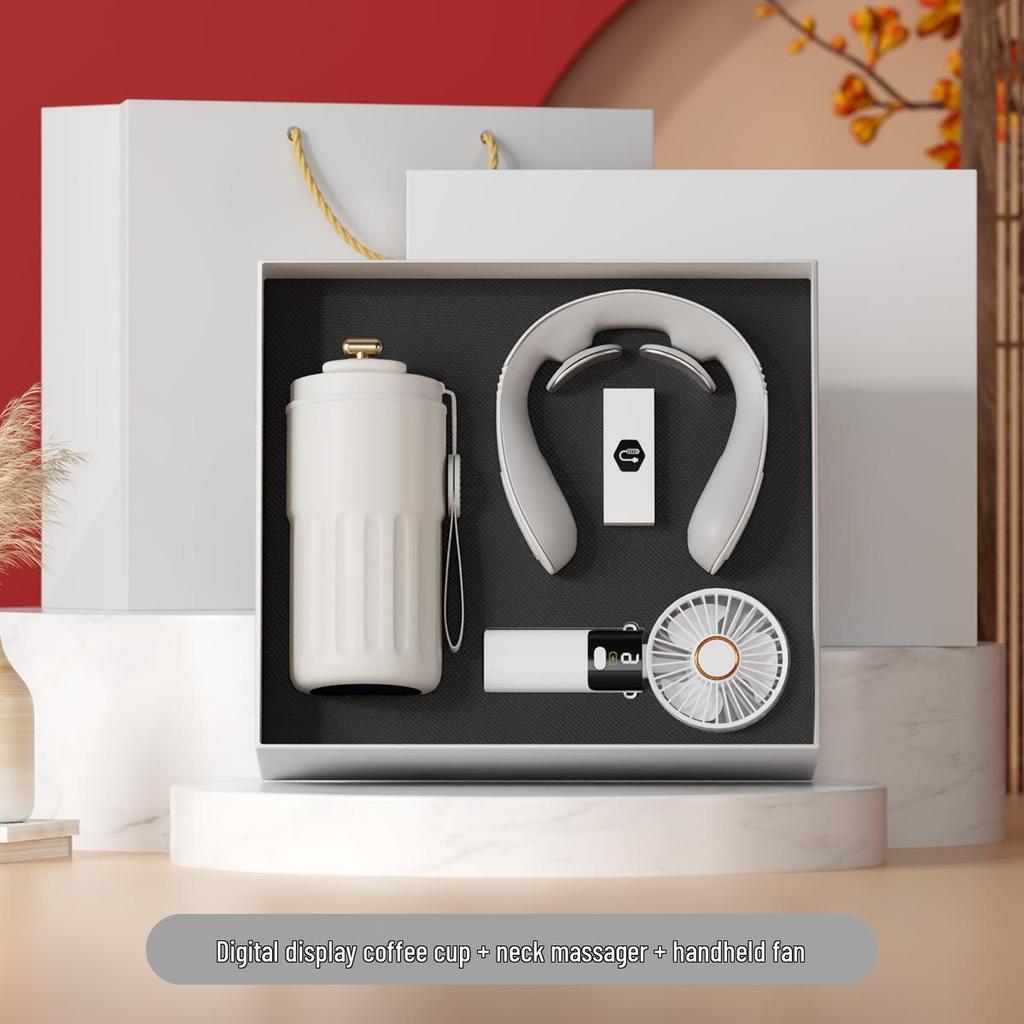 Digital Display Coffee Cup & Handheld Fan Business Gift Set for Leaders & Colleagues - Customizable with Logo
