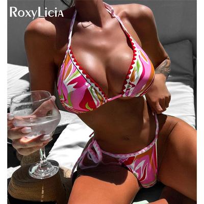 Sexy Costume da bagno bikini brasiliano a vita alta con stampa halter Costume da bagno femminile Costumi da bagno da donna Set bikini a due pezzi Costume da bagno