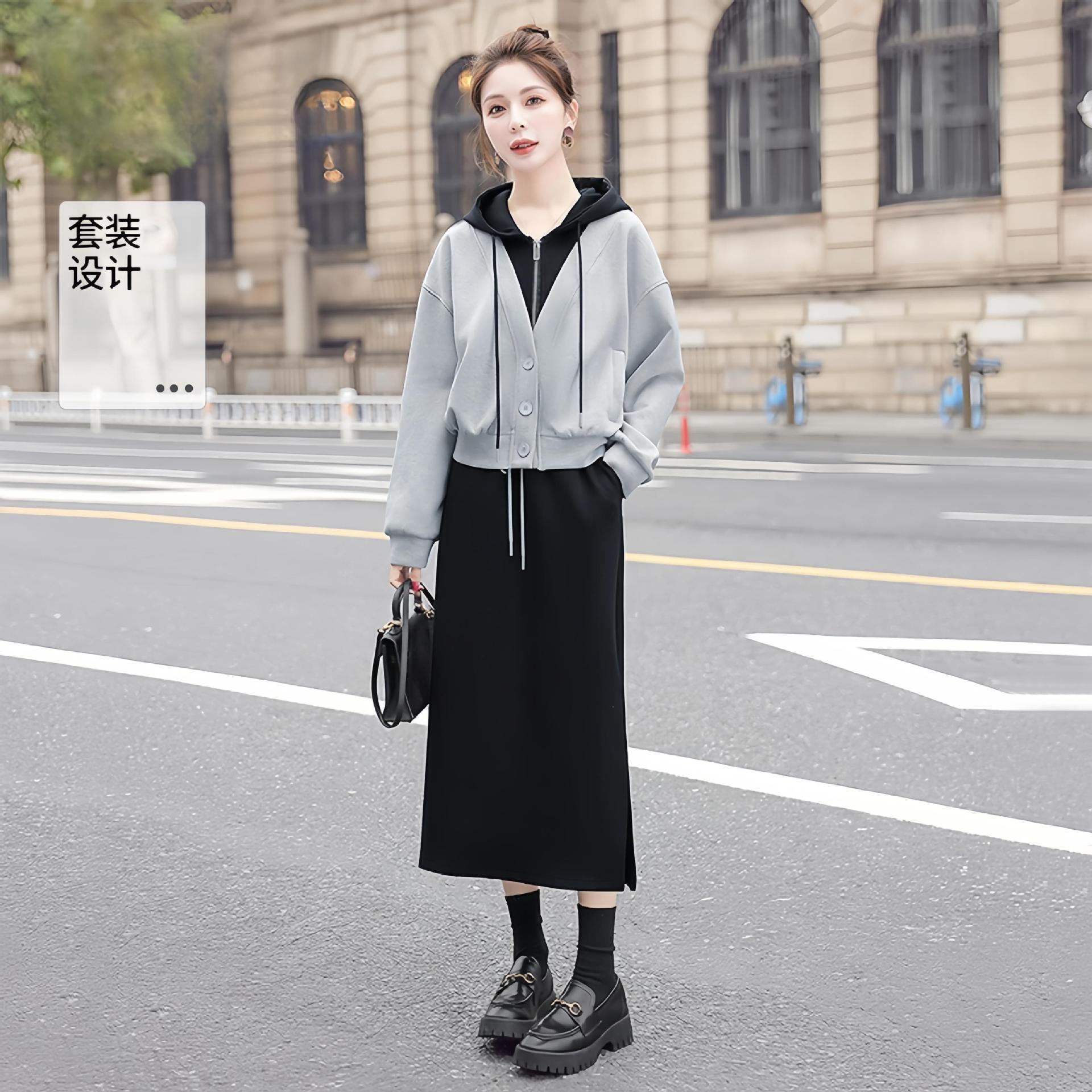 

Комплект из осенней новой женской поддельной двухкомпонентной куртки с капюшоном и юбкой, комплект из двух частей 2XL