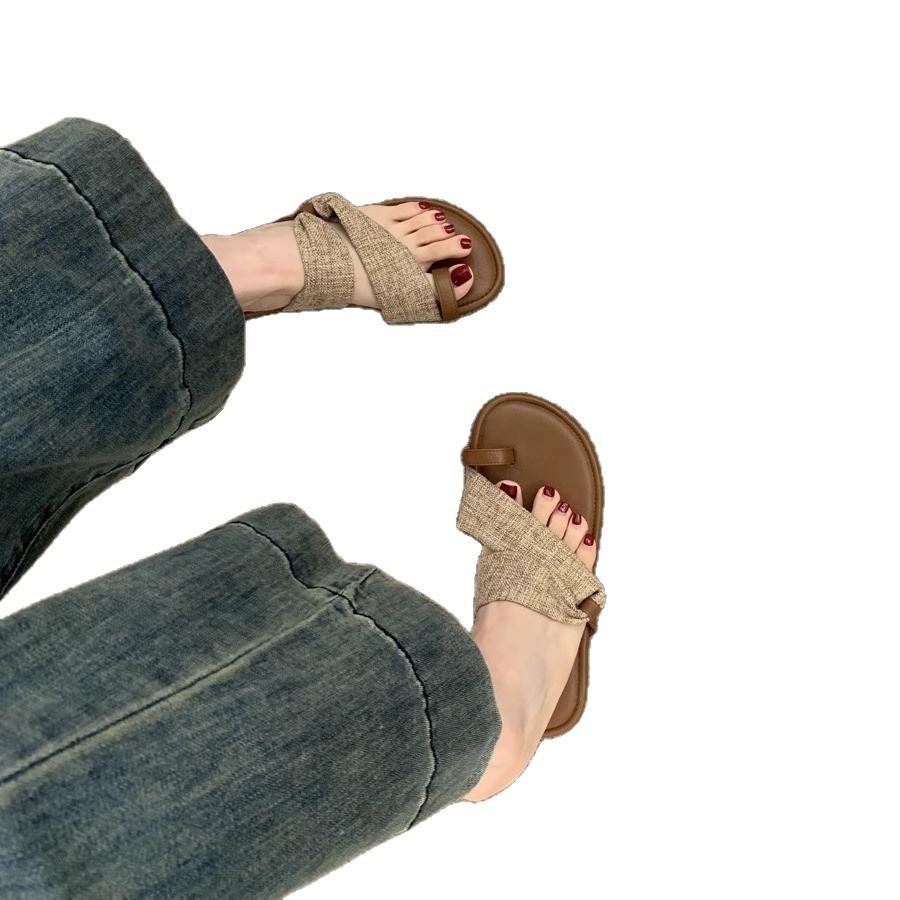 Two-way linen one-word with sleeve-toe sandals women's summer vacation style leisure beach Roman shoes outside slippers