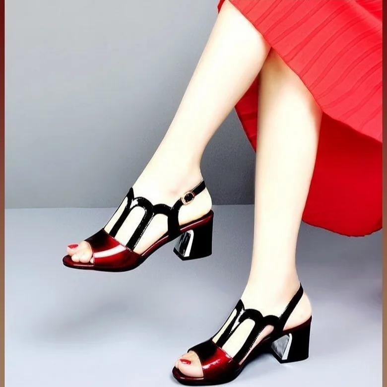 Summer Heels Medium Heel Buckle Female Footware Black 2024 Trend Fashion New Women's Pumps Shoes Peep Toe Women Sandals 40