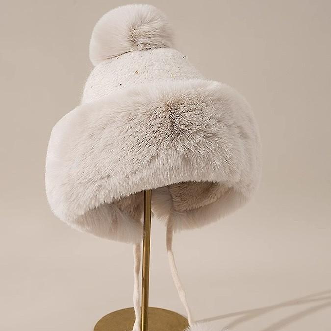 Imitation Fur Shows The Face with Small White Rabbit Fur and Velvet Lei Feng Hat for Women In Winter Cycling Warm Windproof Ear Protection Ski Hat
