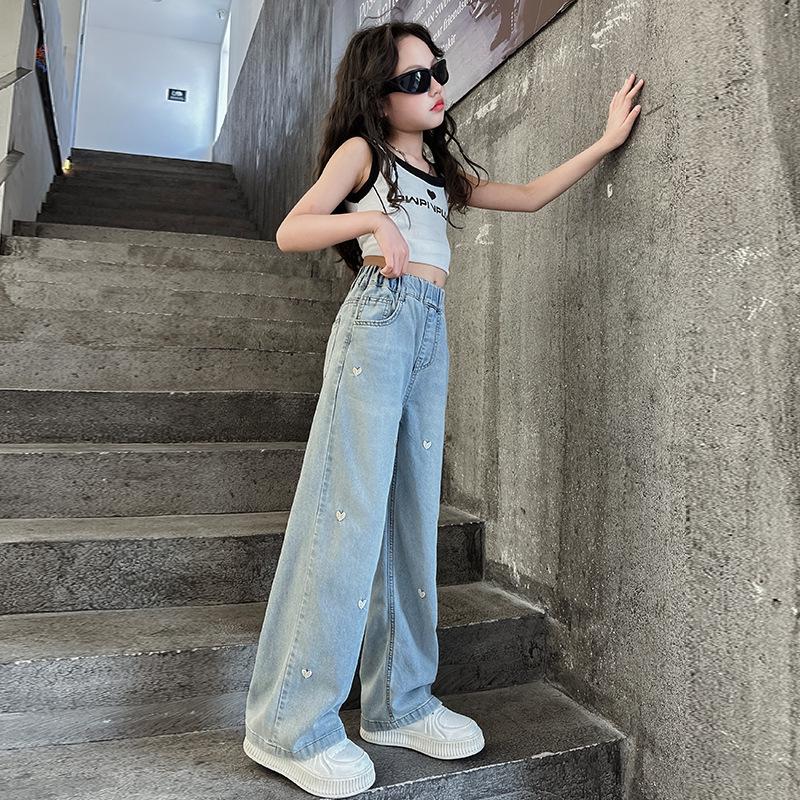 Girls' High-Waisted Embroidered Heart Loose Wide-Leg Jeans, Autumn 2026 Collection