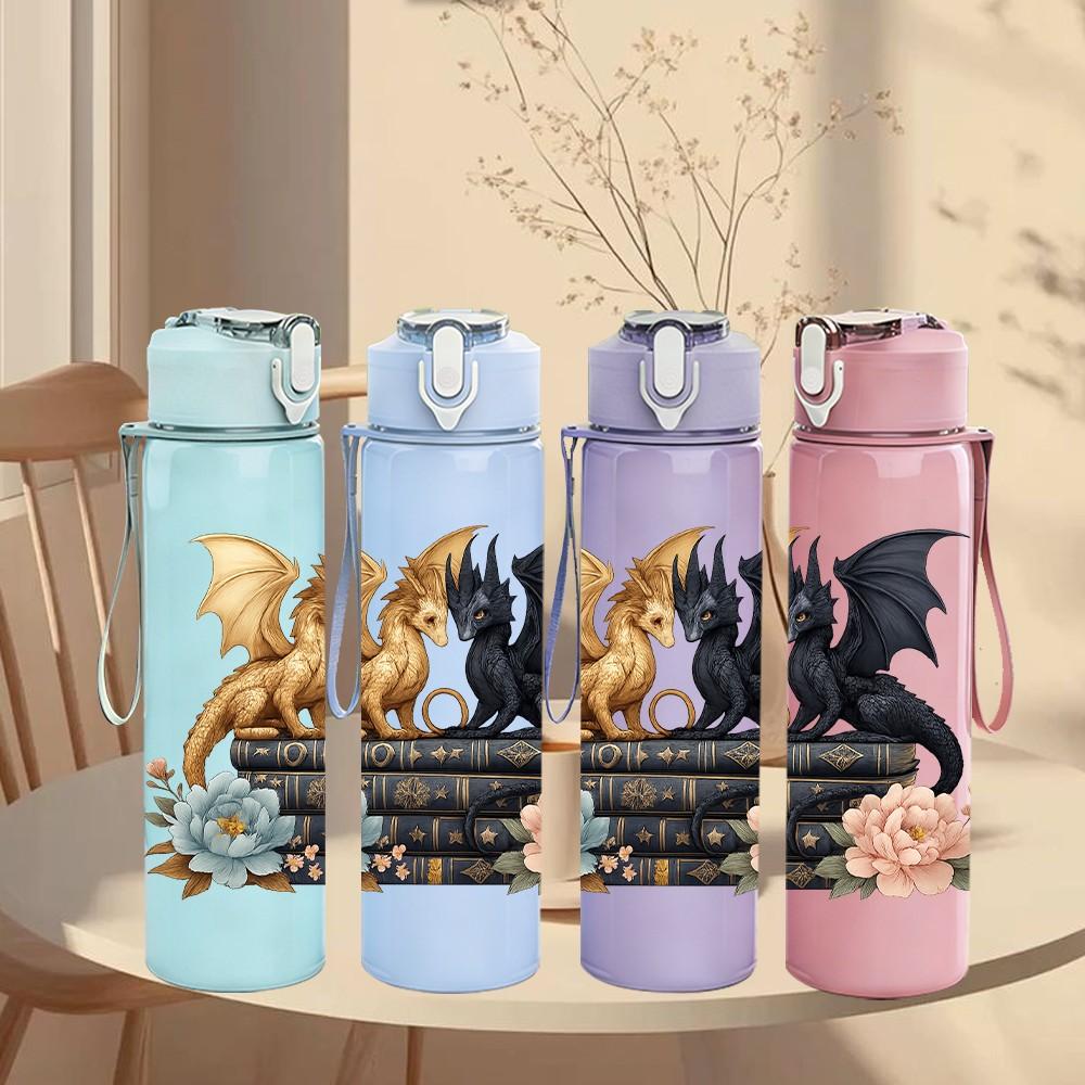 1PC Twin Dragons Book Floral Art 750ml Color Plastic Sports Water Bottle Leakproof Flip Straw Lid Suitable for Sports Office Home Use