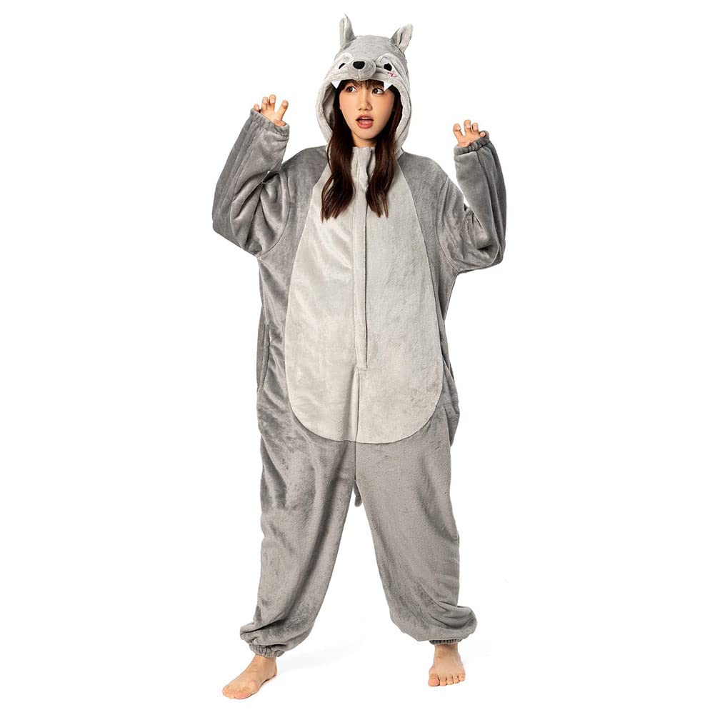 OLAOLA Wolf Kigurumi Pajamas for Halloween Animal Cold Unisex Sizes Adults, Costume, Costume, Fluffy, Warm, Flannel, Protection, Cute, (M, 160-175)
