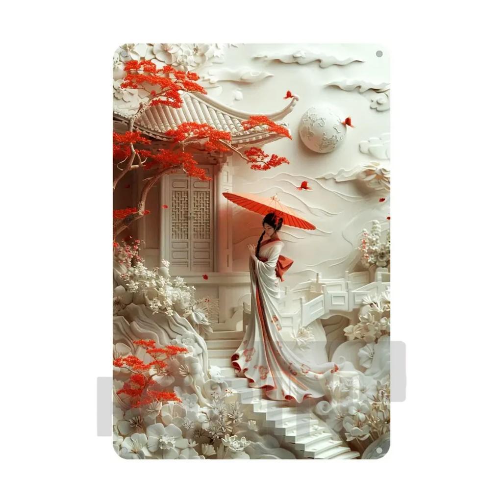 2D Japanisches Kunstposter Kimono Kirschblüten, elegantes Retro Geisha Metallschild, Zuhause, Zimmer, Büro, Izakaya, Café, Studio Wanddekor