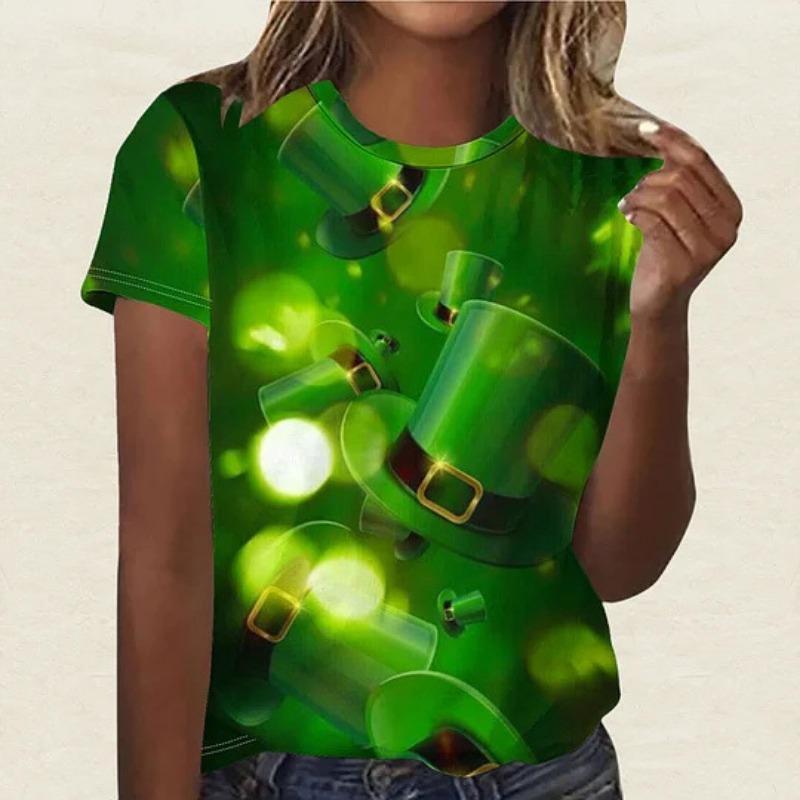 Summer Round Neck 3D St. Patrick's Day Print Top Fashionable Casual Short Sleeved Women's T-shirts