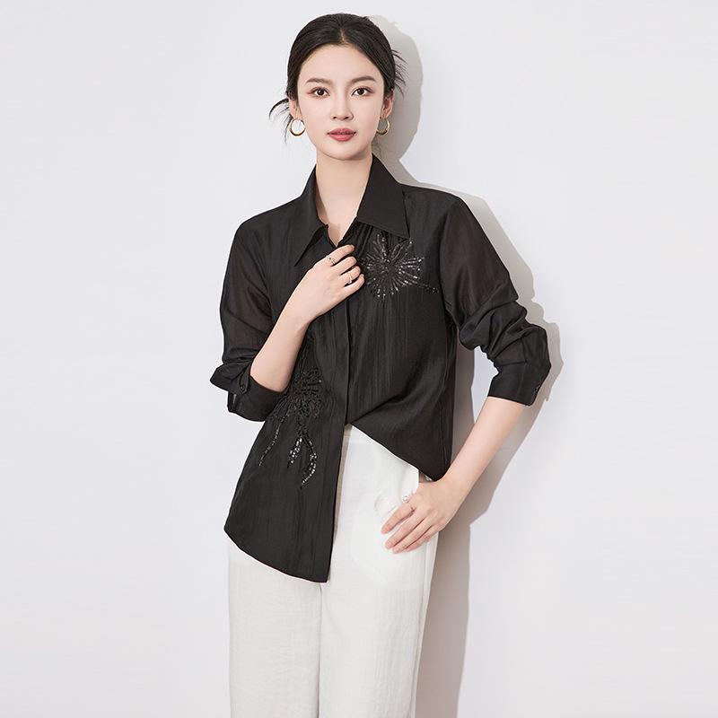 

Элегантная женская рубашка из тенселя и хлопка с вышивкой пайетками, длинным рукавом и лацканами - Весенняя коллекция Medium чёрный