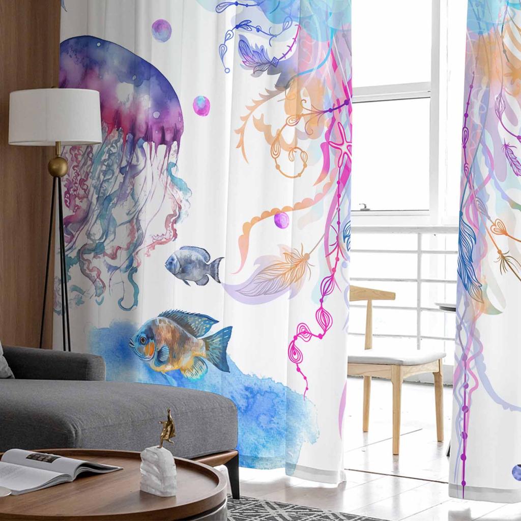 Qualle Aquarell Unterwasser Marine Sommer Tüll Fenster Vorhänge für Schlafzimmer Luxus Heim Vorhänge im Wohnzimmer Chiffon Paneele