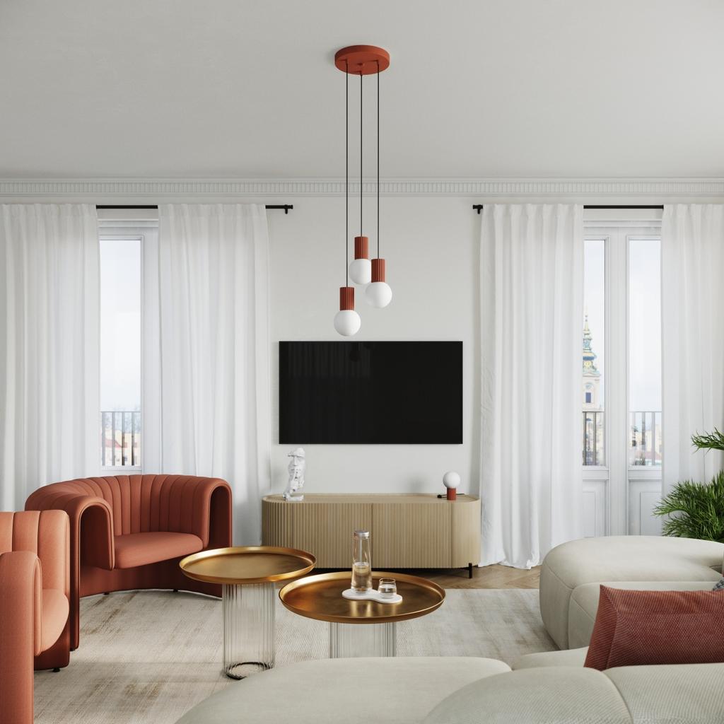 Lampa Wisząca Nowoczesna Okrągła Potrójna Ochra Czerwona Ryflowana Szklane Białe Kule Do Salonu Jadalni Nad Stół 3Xg9 8W Halo Sollux Lighting