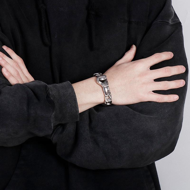 Punk-Style Men's 316L Stainless Steel Cuban Chain Bracelet with Boxing Glove Charm