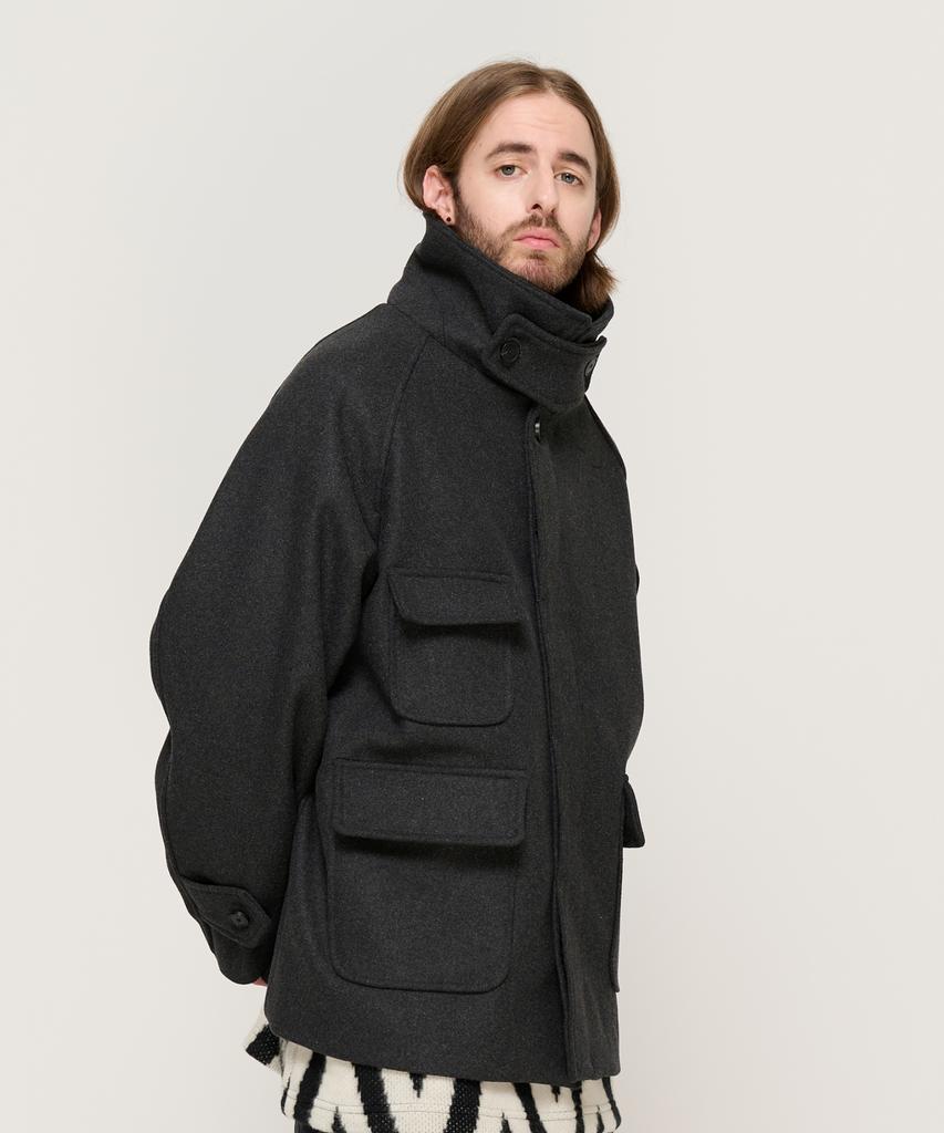 Cargobros Pocket Detail Balmacaan Wool Short Coat (Charcoal)