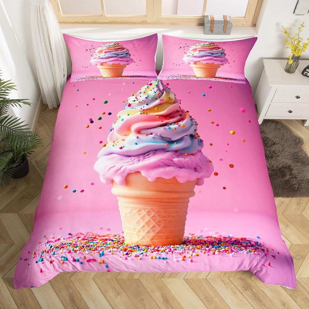 Cartoon Food Duvet Cover Twin Queen Size Yummy Dessert Bedding Set, Ice Cream Pattern Comforter Cover for Kids Girls Room Dorm