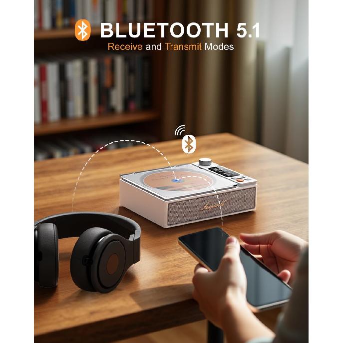 Reproductor de CD Portátil Bluetooth de Escritorio para el Hogar con Altavoces Recargable Pequeño Reproductor de CD Retro con Pantalla LCD Óptico USB