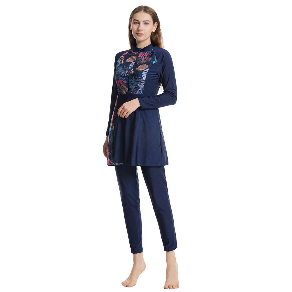 Women Printing Swimwear Muslim Bathing Suit with Cap Long Sleeve Swimsuit Full Coverage Swimming Suit 3 Pieces Sun Protection
