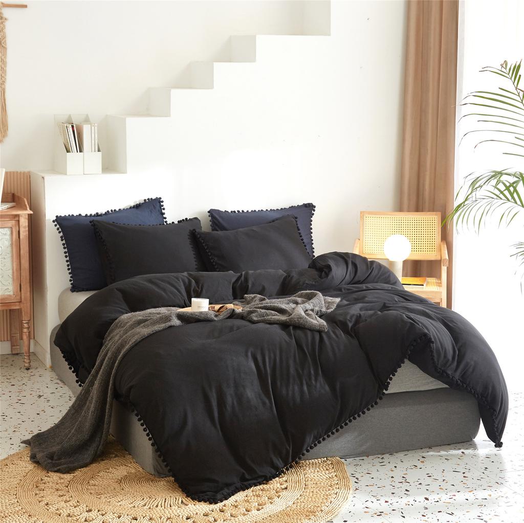 American Style Furball Tasseles Yellow Bedding Set Queen Home Hairball Tassel Bed Cover Sets Soft King Size Duvet Cover No Sheet