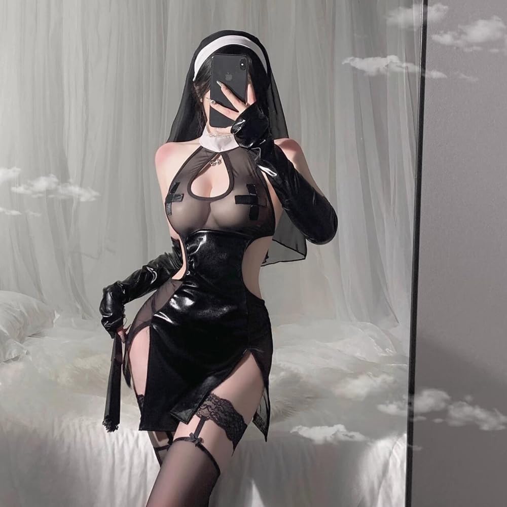 SHLYMP Cosplay Erotic Sister Sexy Cosplay Extreme Naughty Nun Maid Outfit Maid Slit Lingerie Underwear Temptation Training Costume Cute Pretty Saint